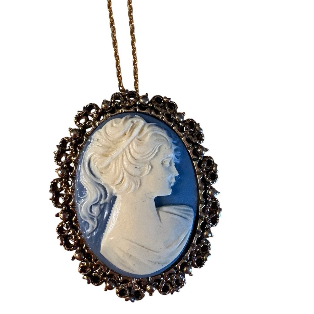 Hand Carved Cameo Brooch, Mid Century (1950’s) Gold Tone Blue & White Brooch. - Picture 2 of 3